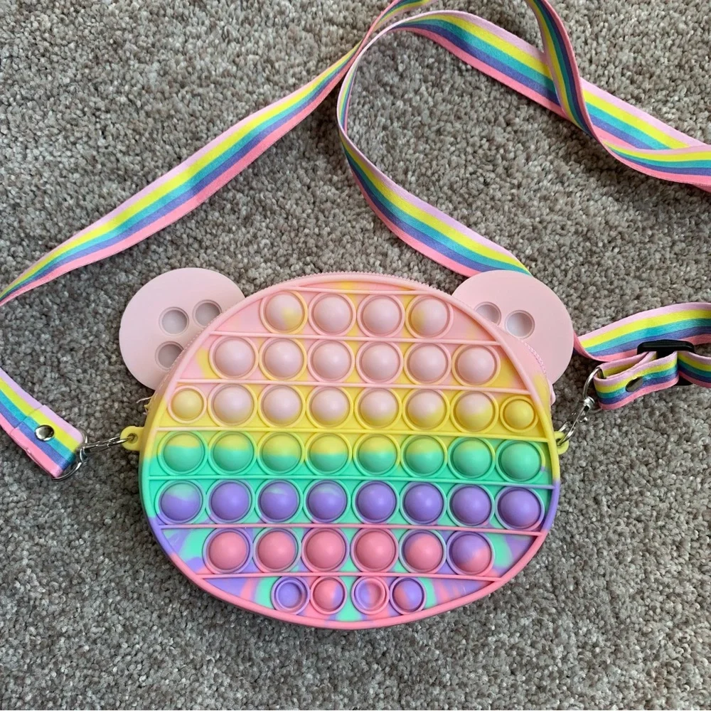 Girls Rainbow Bear Pop-It Fidget Shoulder Crossbody Purse With Zipper